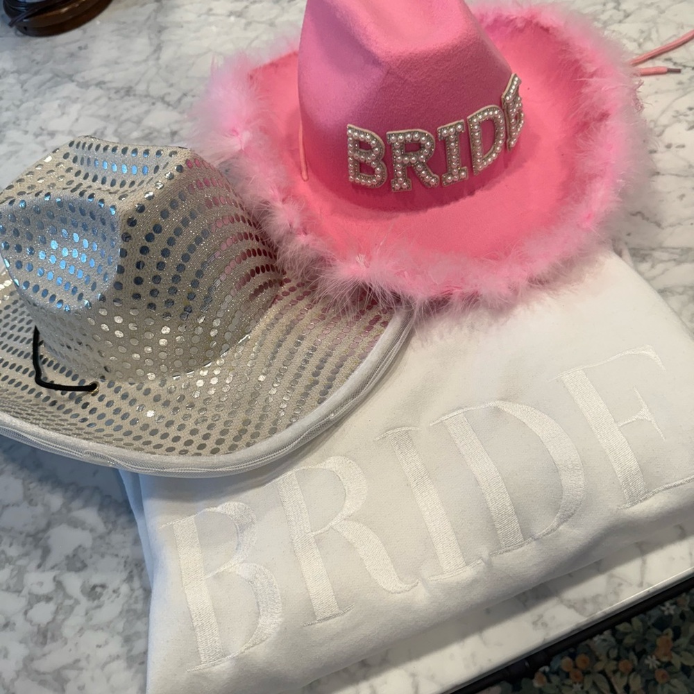 Pink Bride Fluffy Cowboy Hat + Silver Sequin Cowboy Hat bundle